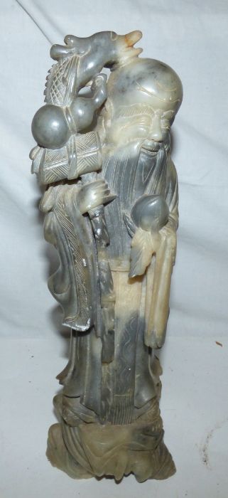 A pair of 19thC soapstone dogs of foe, another taller figure and a smaller one both of soap stone, - Image 3 of 5