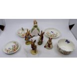 4 Royal Doulton Bunnykins, 2 are from 1974, one on the horse is AF as shown, 4 Aynsley pin trays ,