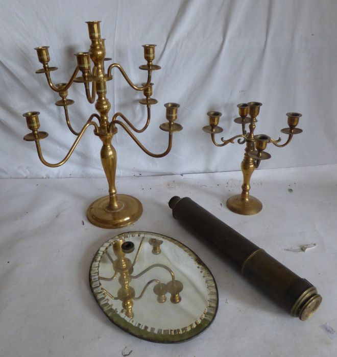 A 19th century three armed chandelier, and a 19th century French brass sconce with glass drops, 2