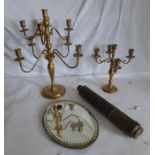 A 19th century three armed chandelier, and a 19th century French brass sconce with glass drops, 2