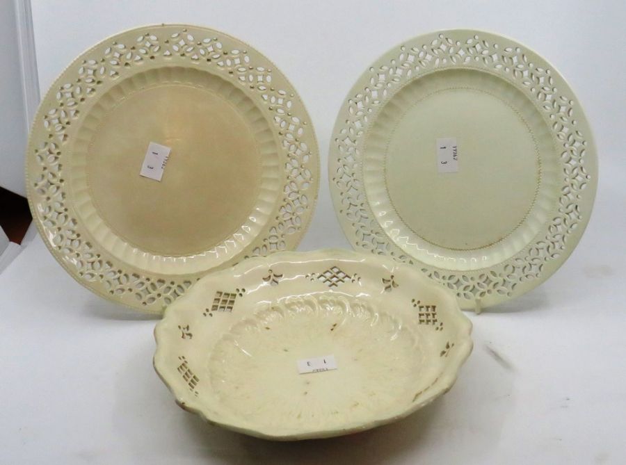 2 creamwares plates and 1 dish with pierced borders, circa 1800 Plates 22cm and 21cm diameter,