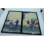 A pair of 19th century Chinese paintings on rice paper of figures in traditional dress in interiors,