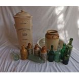 Stoneware water filter, saltglaze pancheon, glass and pot bottles etc.