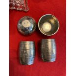 Two heavy plated barrel spirit measures 1/6th Gill plus two solid silver small Norwegian bowls,
