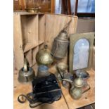 1 Pine writing slope, 1 box of brass and copper lamps, measure, Pots, 2 brass frames, Swift Hunter