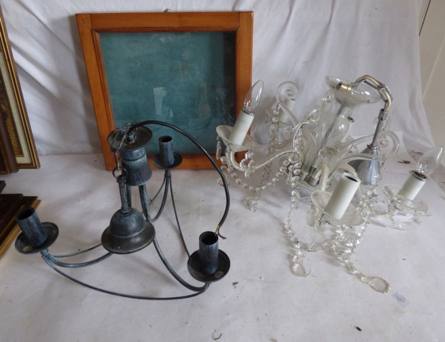 A 19th century three armed chandelier, and a 19th century French brass sconce with glass drops, 2 - Image 6 of 9