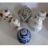 A collection of Lidded Ginger jars, to include Coalport and Aynsley, Two lids have repairs as shown,