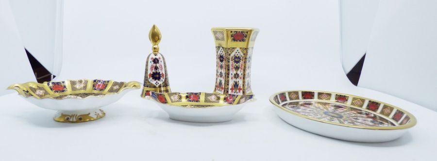 A collection of Royal Crown Derby old Imari pattern 1128, to include a candle snuffer, a vase, 2 pin - Image 2 of 3