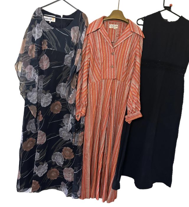 two 1970s maxi dresses, 2 1960s maxi dresses, two cocktail dresses, a skirt, a slip and a belt in