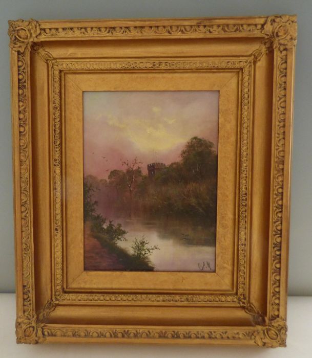 Early 20th century school River landscape with crenellated tower beyond, oil on board, 29cm x 21cm