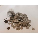 Silver coins mainly pre 1947  approximately 1.25kg in total. And a few other miscellaneous coins.