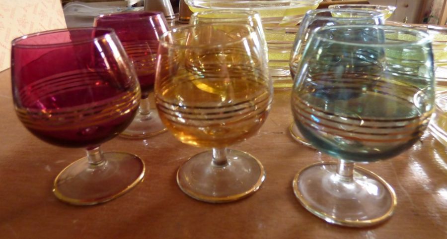 A set of 6 coloured glass shot glasses C1980's and a yellow pressed glass banded  fruit set to - Image 4 of 4