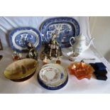 3 Willow pattern platters, the larger AF. Capodimonte figures, in apparent good condition,