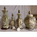 A collection of Masons Ironstone Green Applique pattern, 4 turned in to bedside lamps on wooden