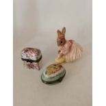 2 Limoge porcelain boxes and a Bunnykins figure. One Limoge box containing scent bottles as found.