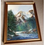 20th century school, continental wooded river landscape, snowy mountains beyond,oil on canvas,