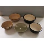 x5 studio pottery bowls by Bullers, 316-1, 257, 316-4, 225-4, 225-2.