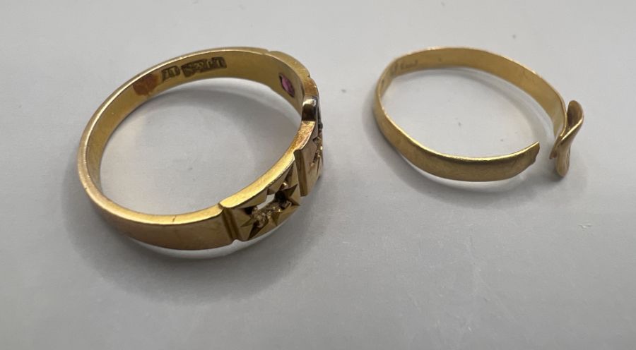 Two Antique rings in as found condition comprising a small 22ct gold signet ring, with cut shank, - Image 2 of 3