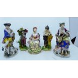 Pair of Bloor Derby figures C1825 17cm high, and 3 others of a later period, some minor ware with