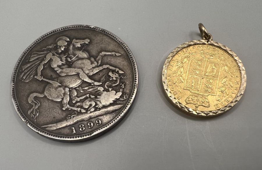 A Victorian Sovereign 1853 (young head) in a 9ct gold pendant frame plus a Victorian silver crown - Image 2 of 3
