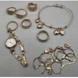 A selection of 9ct gold jewellery comprising six rings (total approximate weight 22.7 grams), a