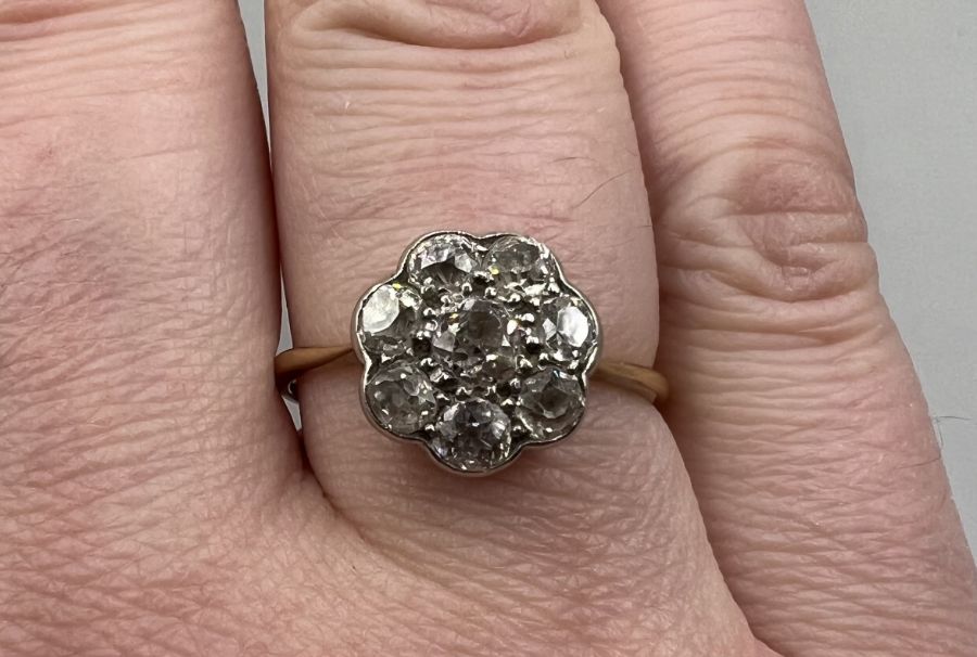 A diamond and 18ct gold and platinum flower cluster ring, set with old cut diamonds, head approx. - Image 2 of 4