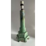 A Ruskin Pottery moulded green crystalline glaze hexagonal lamp base Height 31cm Marked Ruskin