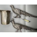 A collection of white metal decorative items. Comprising a pair of figurines depicting a peacock and