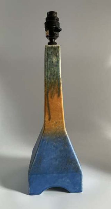 A Ruskin Pottery moulded crystalline glaze blue orange and green “rocket” lamp base Height 36cm