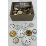 A box of watch movements to include wristwatches and pocket watches from 1850 to present.