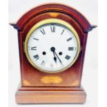 An Edwardian mahogany, satinwood and boxwood inlay 8-day mantle clock, bow arch moulded cornice,