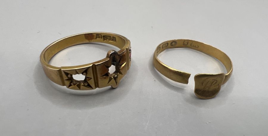 Two Antique rings in as found condition comprising a small 22ct gold signet ring, with cut shank, - Image 3 of 3