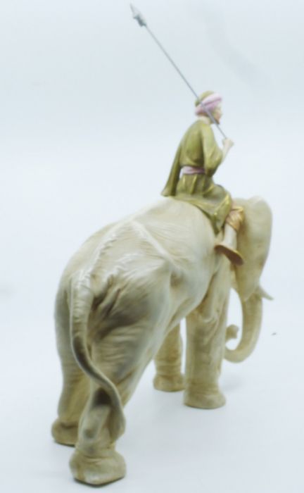 A Royal Dux model of an elephant and Mahout, the Mahout dressed in robes and carrying a lance, - Image 3 of 3