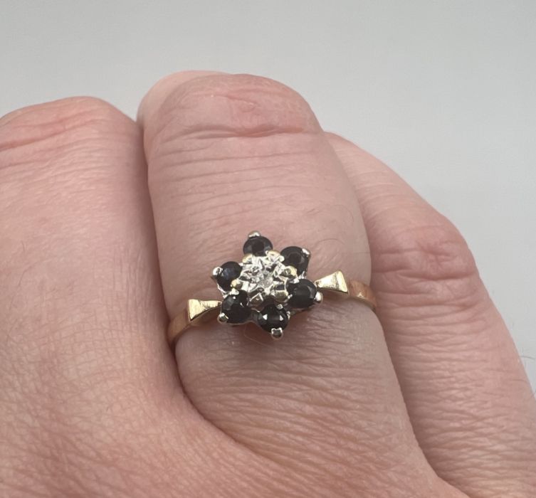 A 9ct gold diamond and sapphire cluster ring. Size N. Gross weight approximately 1.6 grams. - Image 5 of 5