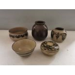 x5 pieces of studio pottery 4 by Bullers signed LW to include; 2 vases and 2 bowls and a lidded pot