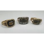 Three Georgian mourning rings, each set with hair panel and engraved with memorial messages to the