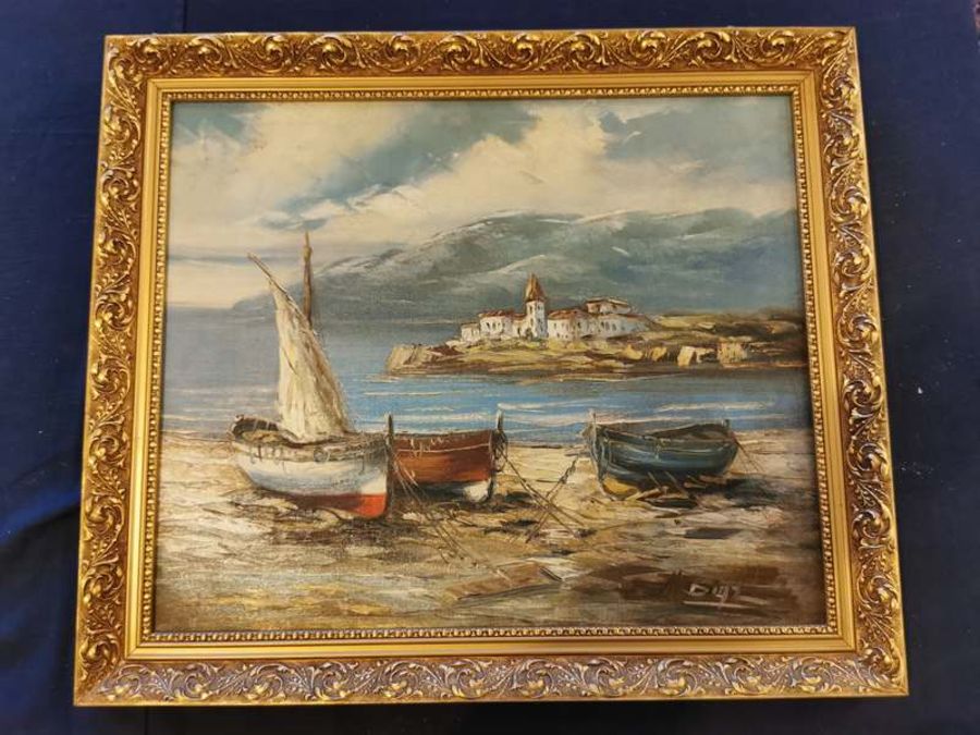 A late 20th century oil painting of a coastal scene, signed Rosemary Muil, (Frame: 64cm x 55cm)