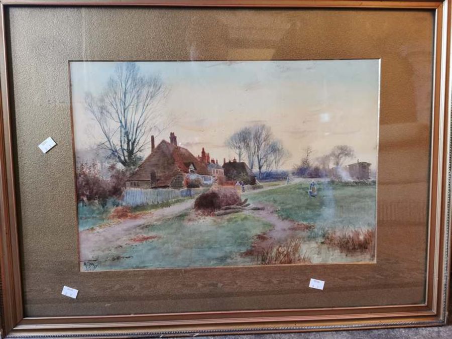 An early 20th century watercolour depicting a cottage and gypsy wagons, signed H Cox, (Picture: 51cm