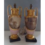 A pair of tall possibly Paris 2 handled vases C1900, converted in to lamps ( not pat tested) in good
