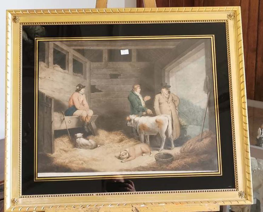 A mezzotint after Morland "The Hard Bargain" in verre eglomise mount and gilt frame, 46cm x 59.5cm