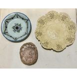 A collection of English 18th cent pottery to include English Delft mould , Delft  plate and