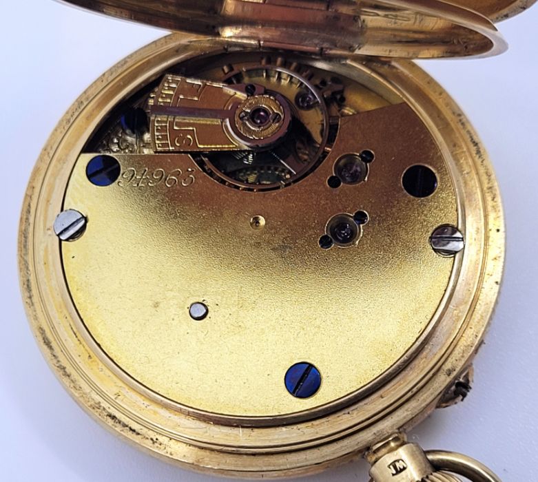 An 18ct. gold half hunter pocket watch, crown wind, having white enamel Roman numeral dial, 38mm - Image 2 of 5