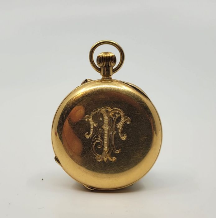An 18ct. gold half hunter pocket watch, crown wind, having white enamel Roman numeral dial, 38mm - Image 5 of 5