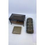 An Edwardian box, leather box and cased pottery plaque