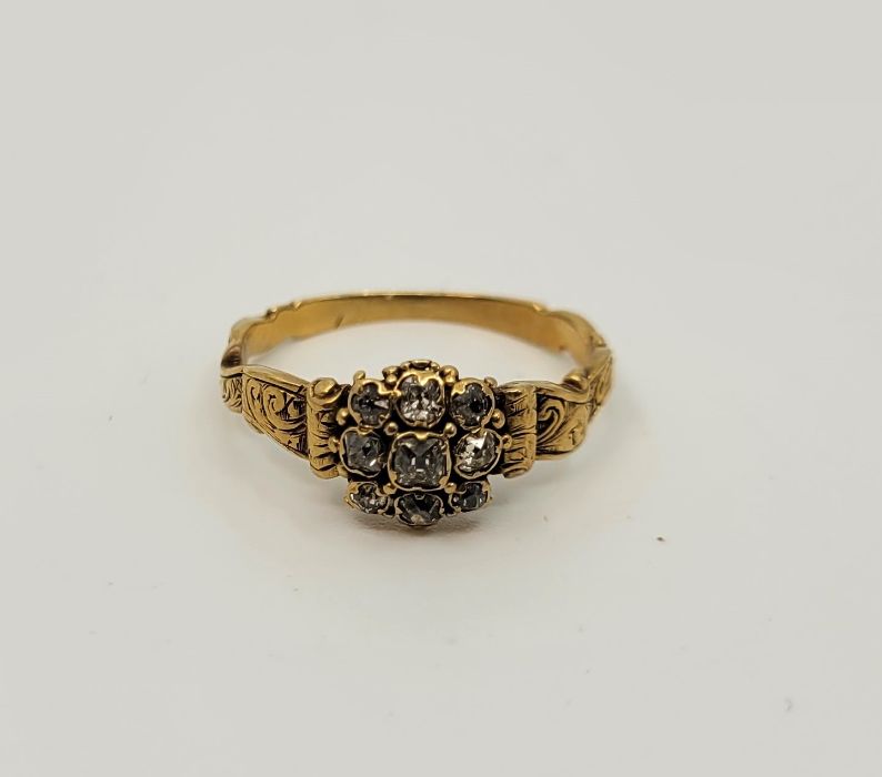 A 19th century precious yellow metal diamond cluster ring, set nine old-cut diamonds with engraved - Image 2 of 3