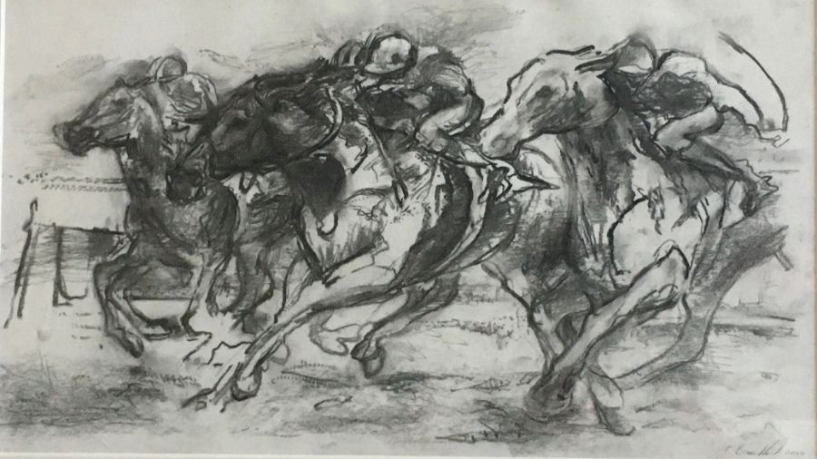 Paul Brandford, set of three charcoal drawings: Horse Racing, approx. 32c, x 55cm  all three signed,