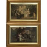 A pair of 20th century overpainted prints, laid down on panel, each 16cm x 26.5cm, framed and