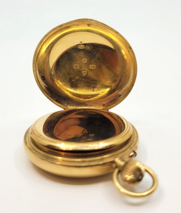 An 18ct. gold half hunter pocket watch, crown wind, having white enamel Roman numeral dial, 38mm - Image 3 of 5