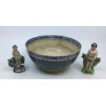 Walton Staffordshire figures, H:10cm (tallest) and a porcelain bowl, diameter: 20cm, (3)