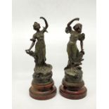 A pair of Art Nouveau spelter figures of maidens, signed, each raised upon painted wooden plinth